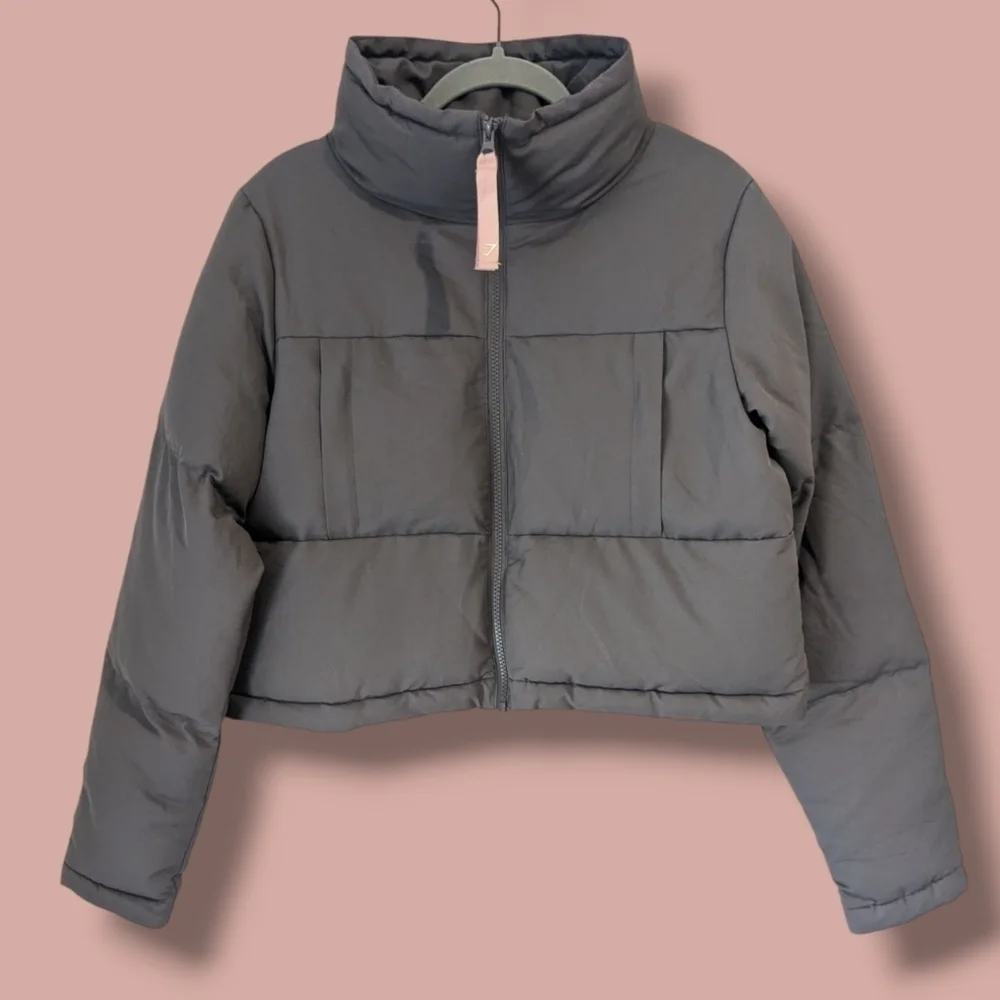 Gymshark Grey Oversized Cropped High Neck Full Zip Canvas Puffer Jacket